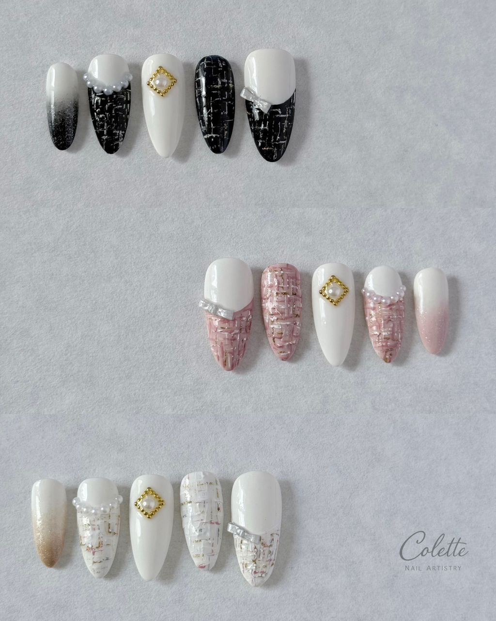 Tweed Glow press-on nail designs in black, white and soft pink with textured tweed detailing.